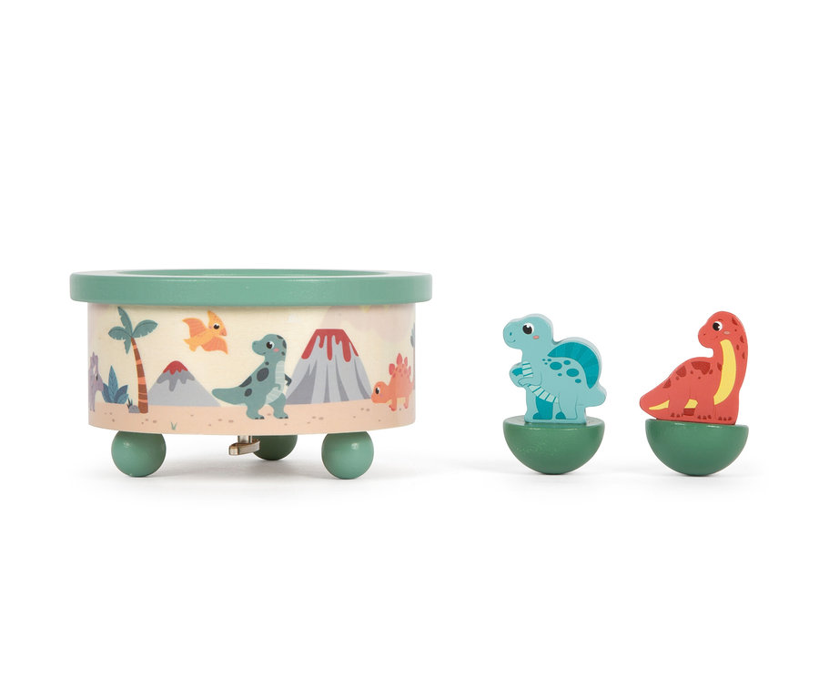 Ein Kinderkarussell mit Dinosaurier-Motiv und zwei Dinosaurier-Holzfiguren.