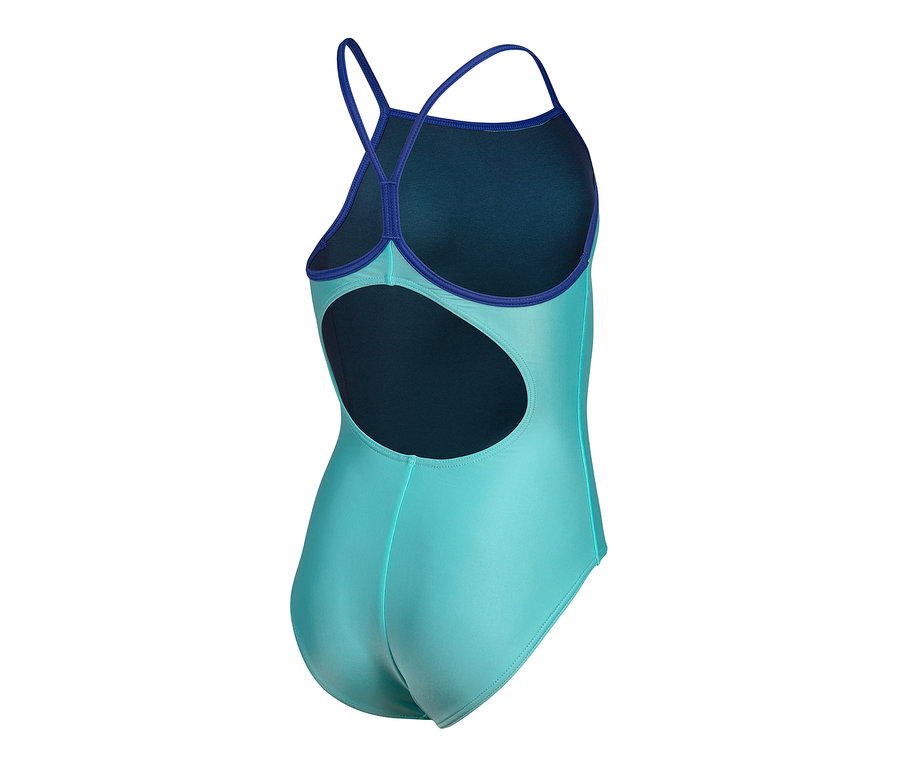 Rückansicht des arena Feel Kinder-Badeanzugs Light Drop Back Solid in Türkis mit blauen Trägern.