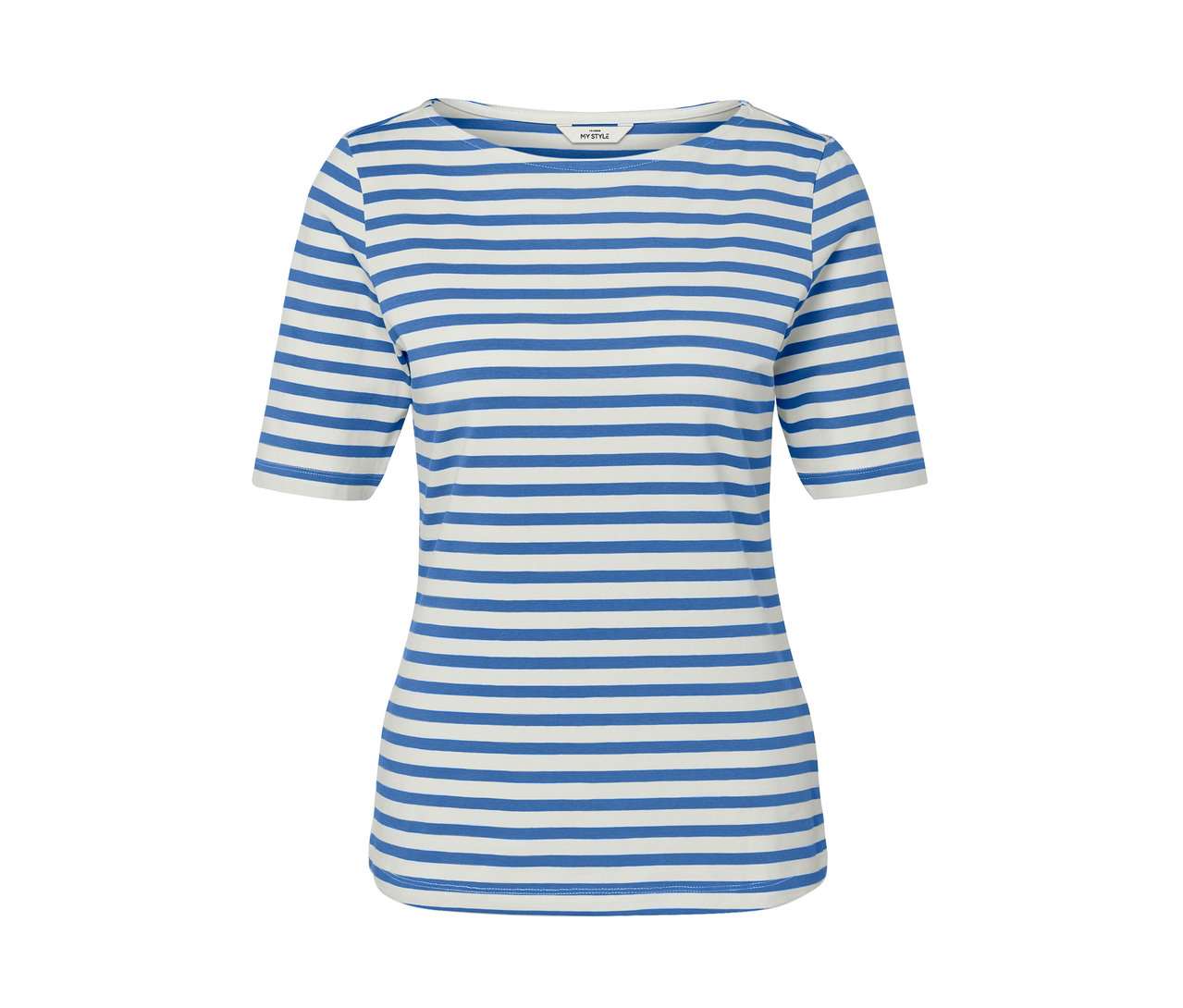 Blau gestreiftes Halbarmshirt.