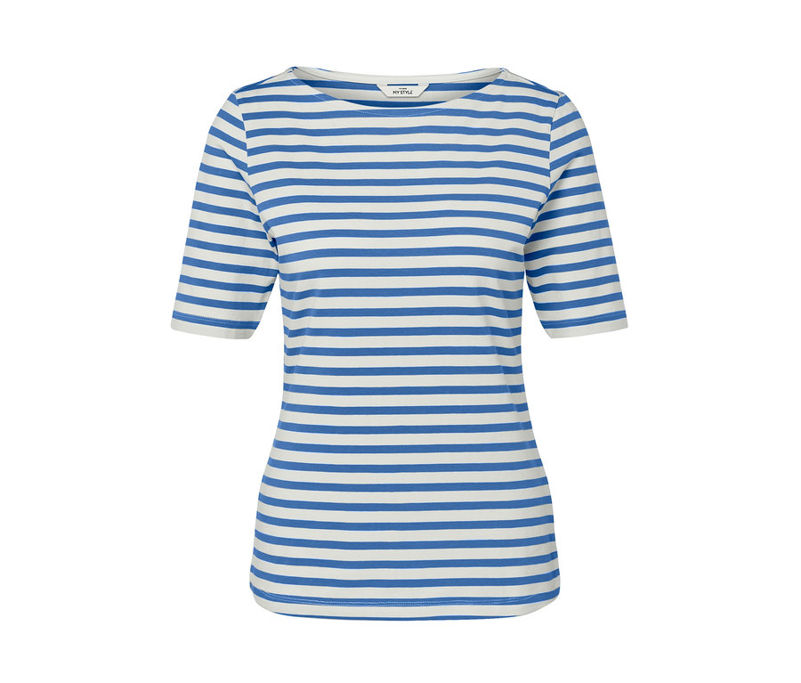 Blau gestreiftes Halbarmshirt.