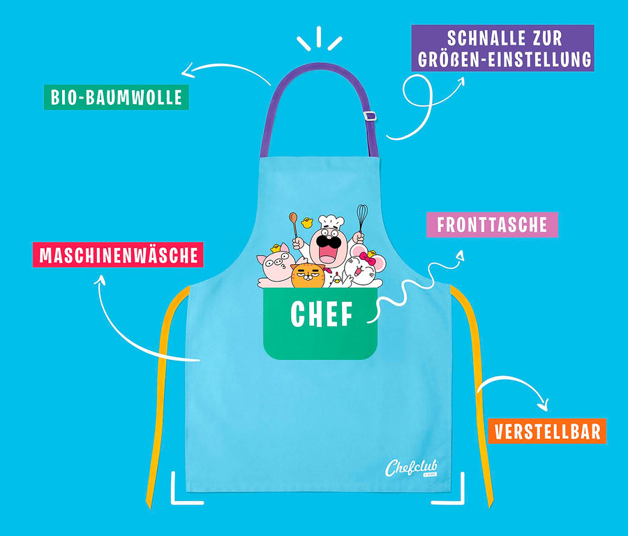 Hellblaue Chefclub Keks-Back-Set Schürze mit Tasche und Comicfiguren.