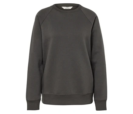 Dunkelgraues Langarm-Sweatshirt vor weißem Hintergrund.