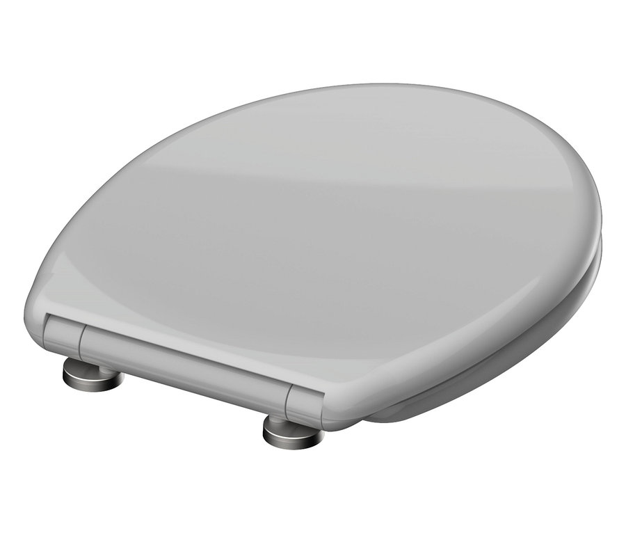 Weißer Toilettensitz mit silbernen Scharnieren.