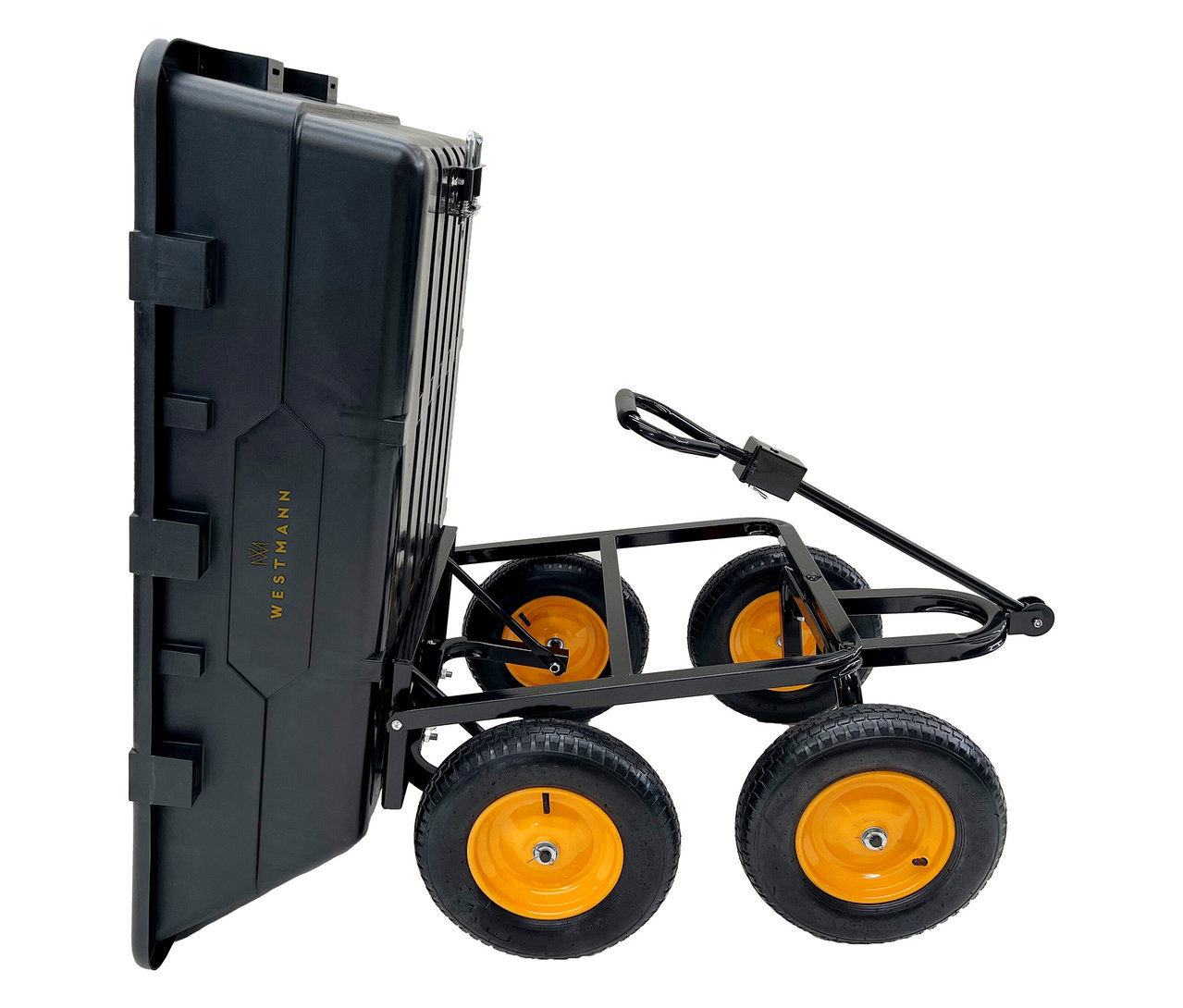 Schwarzer Bollerwagen mit gelben Felgen.