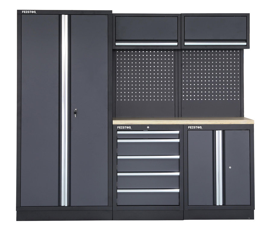 Schwarzer FEISTOS Werkzeugschrank Apollo 1 mit Schubladen und Schränken.