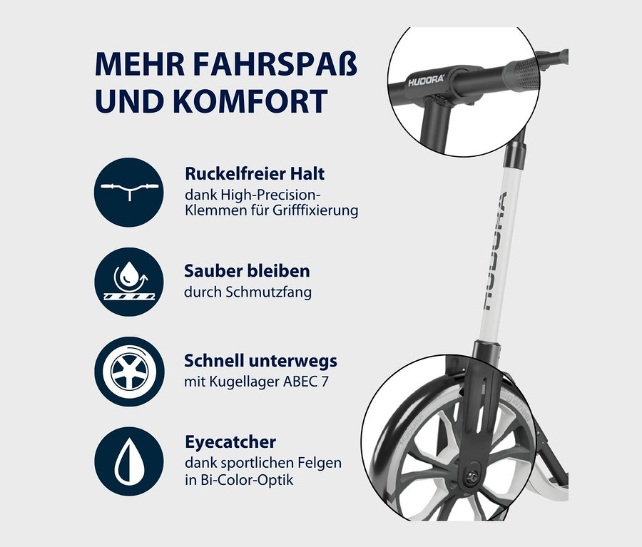 Detailansicht eines grau-weißen HUDORA BigWheel® 205 Scooters, wobei Details wie Lenker und Räder hervorgehoben werden.