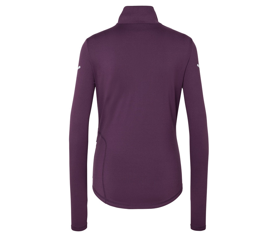 Rückansicht eines violetten, langärmeligen Oberteils mit Reißverschluss am Hals.