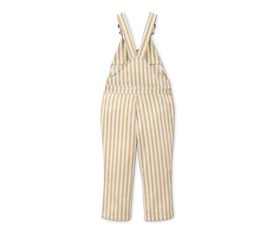 Eine Latzhose mit gelben und weißen Streifen.