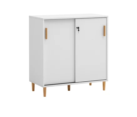 Weißer Aktenschrank »Torge« mit zwei Schiebetüren und Holzfüßen.