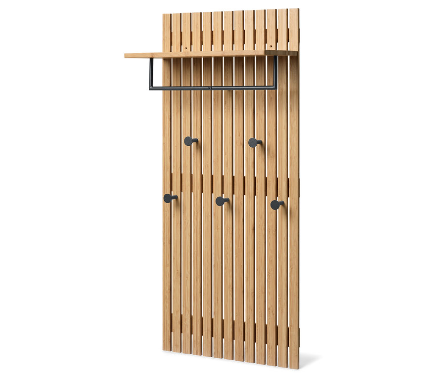 Holzgarderobe mit Ablage und sechs Haken.