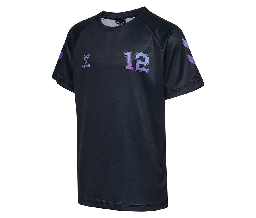 Dunkelblaues HUMMEL HMLJR shimmer T-Shirt S/S mit Nummer 12 auf der Brust.