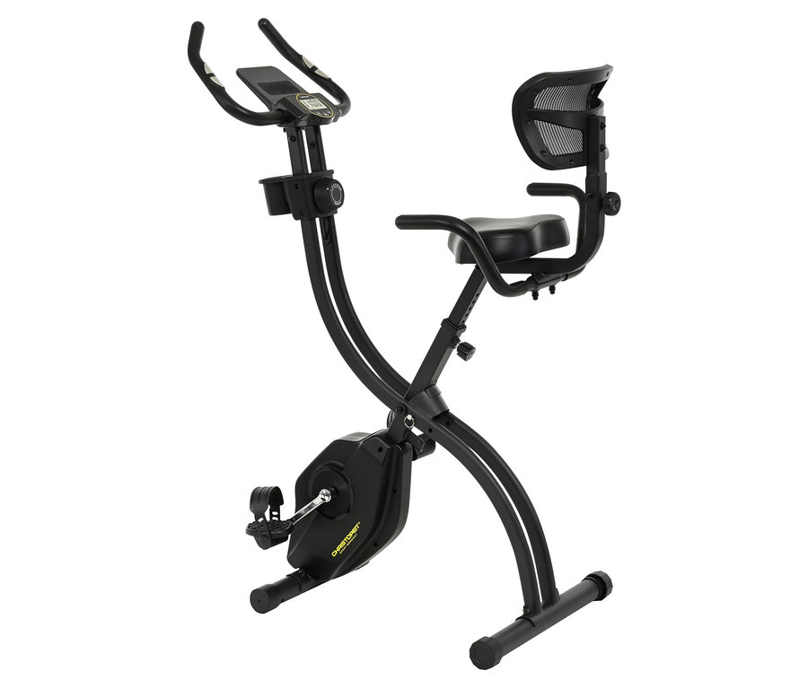 Schwarzer Heimtrainer mit Rückenlehne.