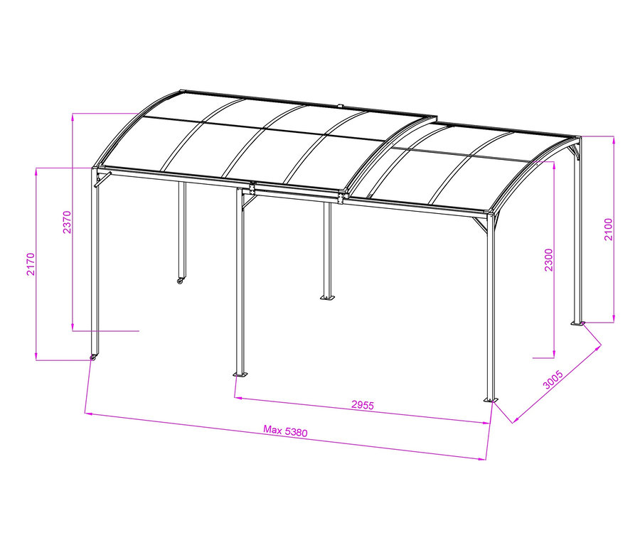 Diagramm der Abmessungen für Leco Pergola, ausziehbar.
