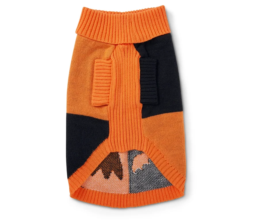 Orange-schwarzer Hundepullover mit Rollkragen.