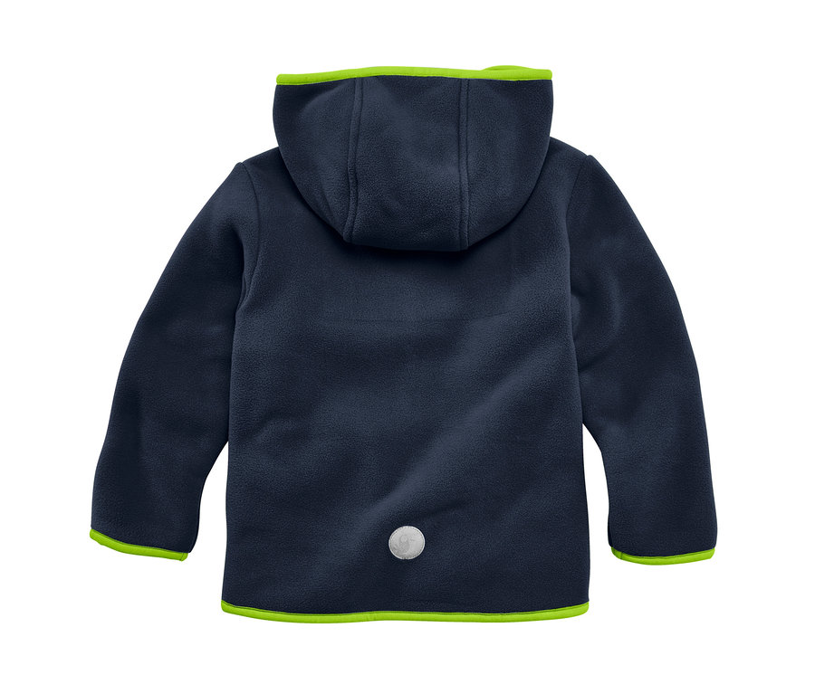 Marineblaue Fleecejacke mit Kapuze und limettengrünen Abschlüssen. Jako-O Kuschelfleecejacke, marine.