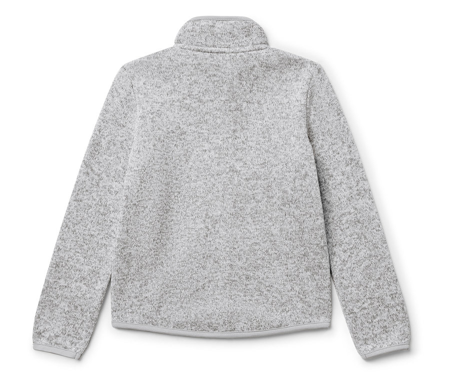 Rückansicht eines grauen Fleecepullovers mit Stehkragen.