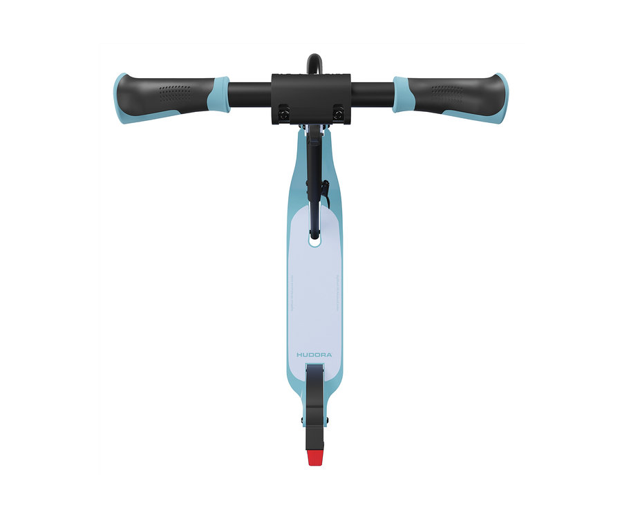 Draufsicht auf einen hellblauen HUDORA BigWheel 180 Advanced Junior Scooter mit schwarzen Lenkergriffen.