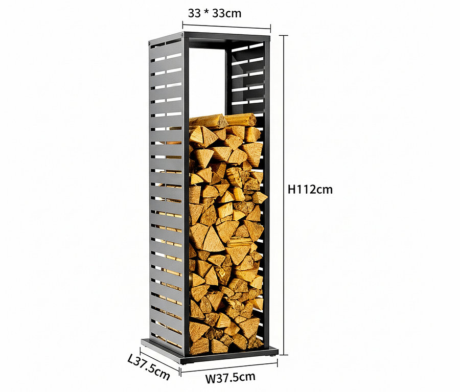 Brennholzregal aus dunklem Metall, gefüllt mit Holzscheiten, Maße sind eingezeichnet.