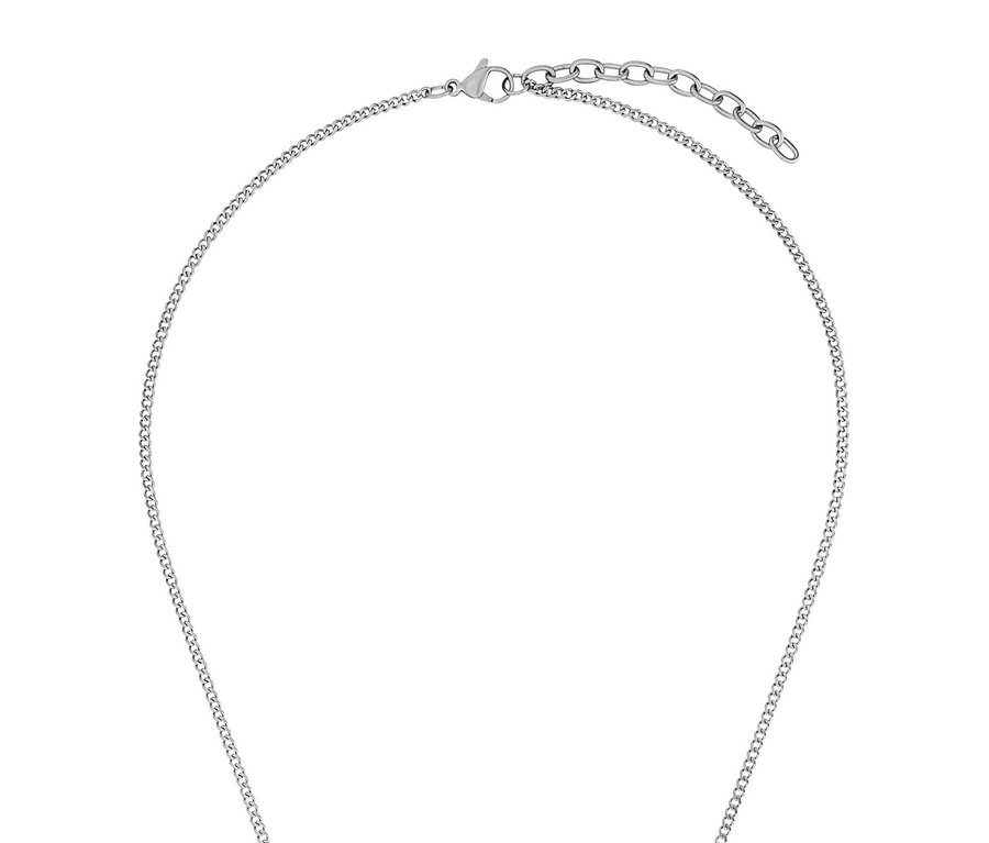 Nahaufnahme einer silbernen Halskette mit Kette und Verschluss.