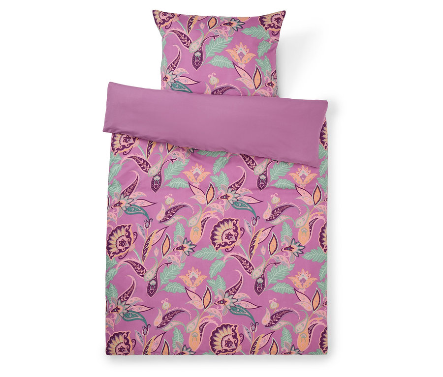 Bettwäsche-Set mit lila Paisley-Muster und passendem Kissenbezug, Draufsicht.
