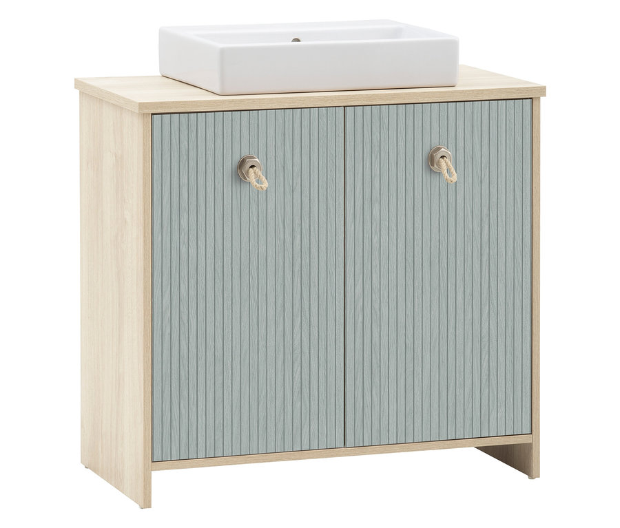 Waschtisch »Sonderby« in Nordic Blue Oak mit weißem Aufsatzwaschbecken und zwei Türen mit Seilgriffen.