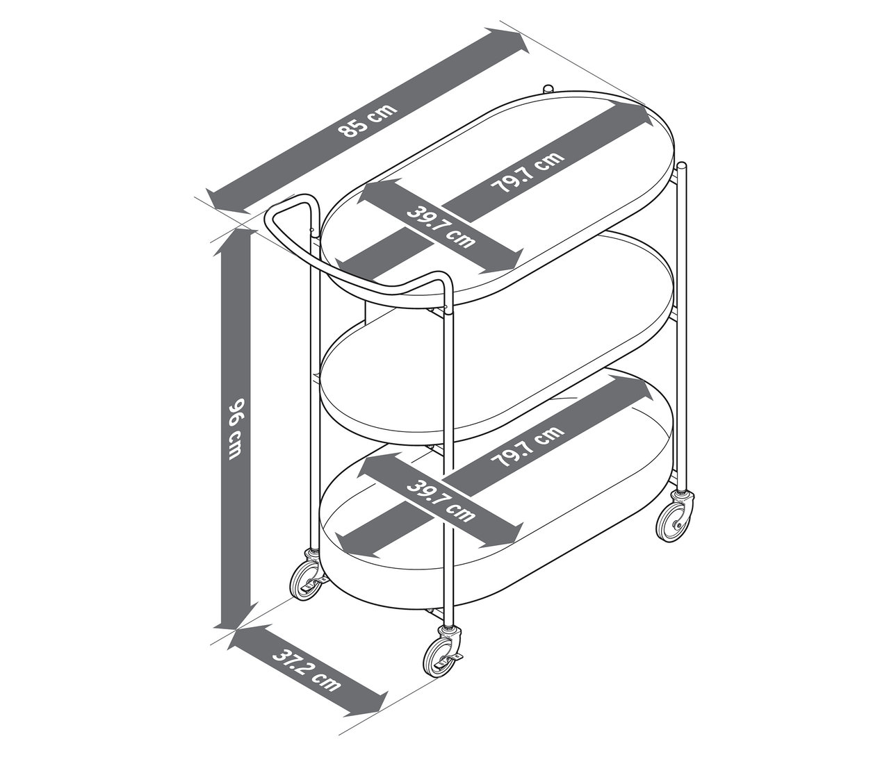 Abbildung eines Servierwagens mit Tablett, inklusive Größenangaben.