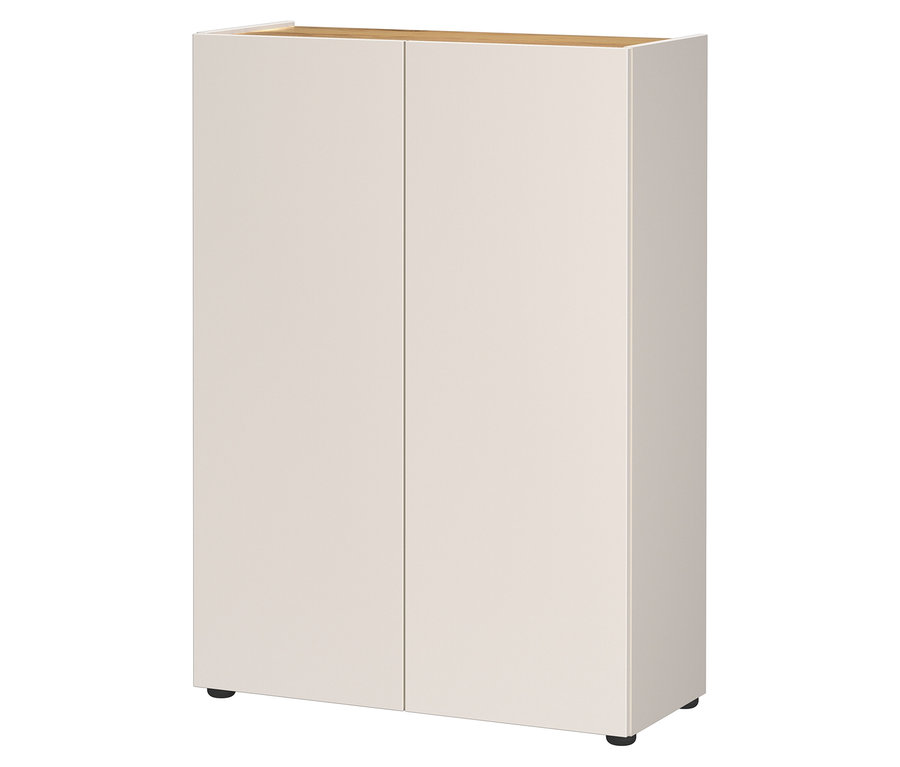 Ein cremefarbener Schrank mit zwei Türen steht auf einem weißen Hintergrund.