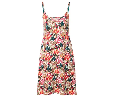Kleid mit Blätterprint und Spaghettiträgern.