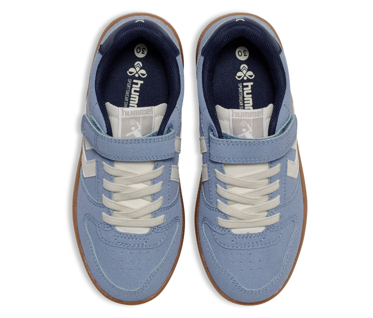 Draufsicht auf blaue hummel® Sneaker Handball Perfekt CL JR mit Klettverschluss und weißen Schnürsenkeln.