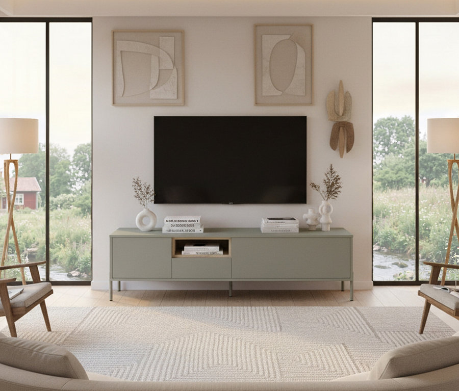 Wohnzimmer mit Fernseher über einem salbeigrünem Lowboard "Hygge". Zwei Stehlampen stehen neben Sesseln vor Fenstern.