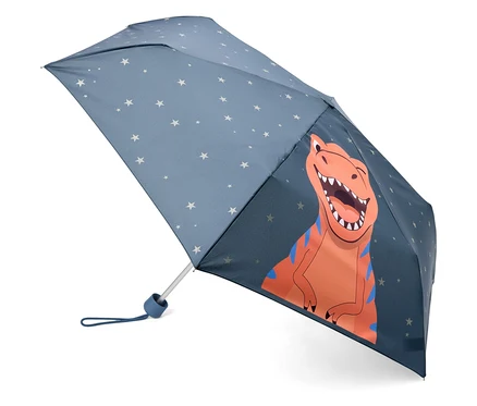 Geöffneter, dunkelblauer Regenschirm mit weißen Sternen und einem orangefarbenen Dinosaurier.