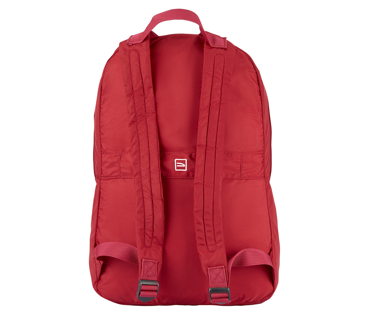 Rückansicht des roten Tucano Rucksacks »Compatto Eco« mit Trägern und Tragegriff.