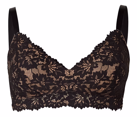 Ein schwarzer Spitzen-Bralette mit nudefarbenem Futter, floralem Muster und gewelltem Rand auf weißem Hintergrund.