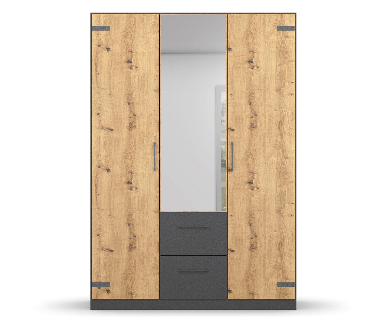 Dreitüriger rauch Drehtürenschrank »Butte« mit Spiegel und zwei Schubladen. Teil des rauch Sets »Butte« mit Bett und Nachttisch.