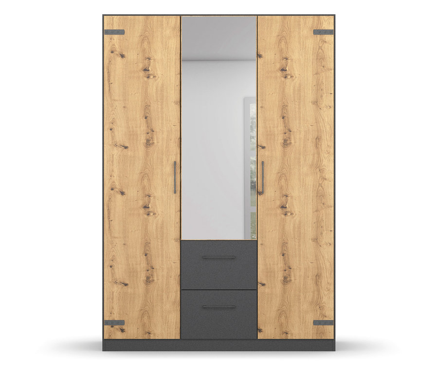 Dreitüriger rauch Drehtürenschrank »Butte« mit Spiegel und zwei Schubladen. Teil des rauch Sets »Butte« mit Bett und Nachttisch.