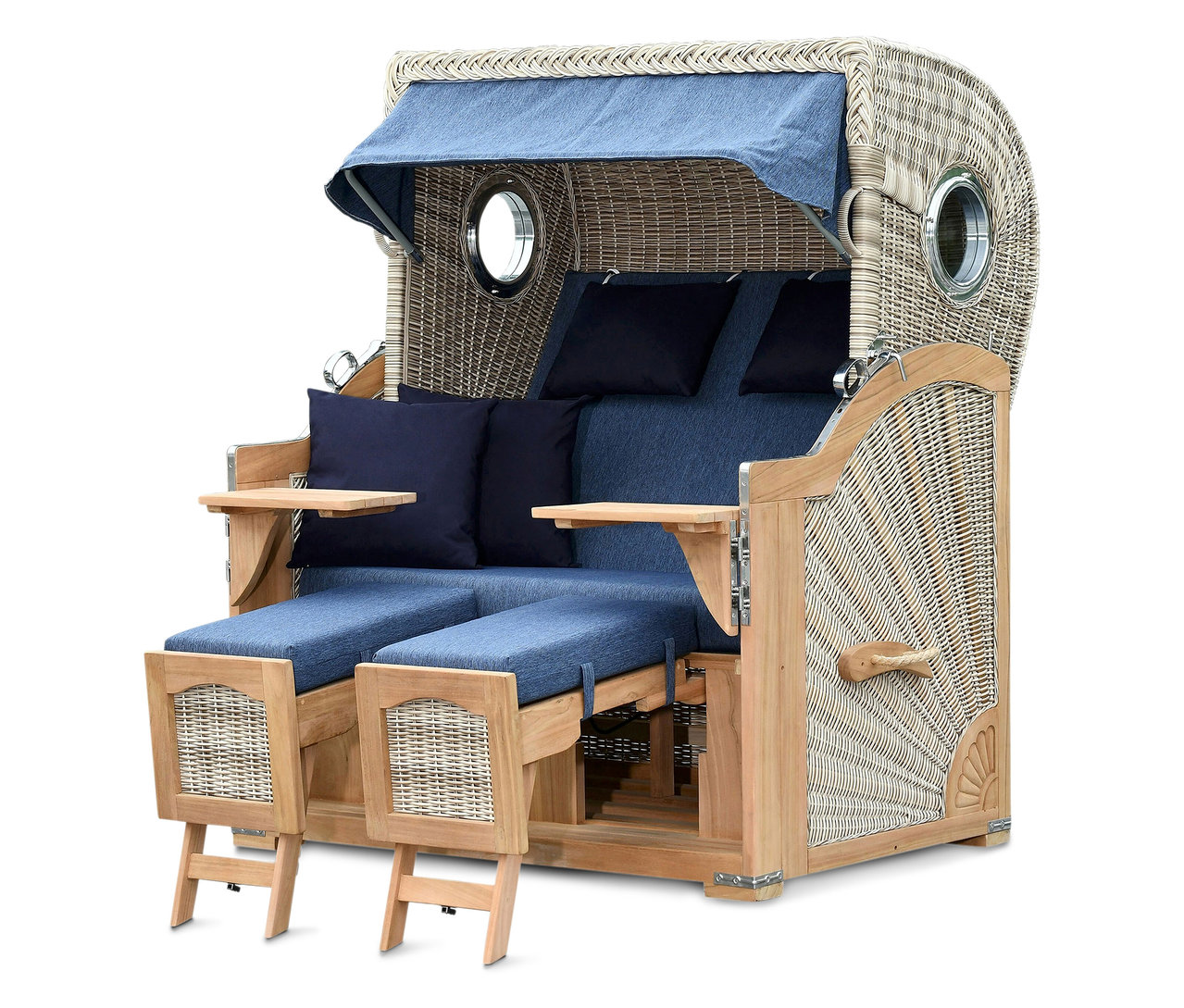 deVries Strandkorb, Teak, XL, mit Champagnerkühler.