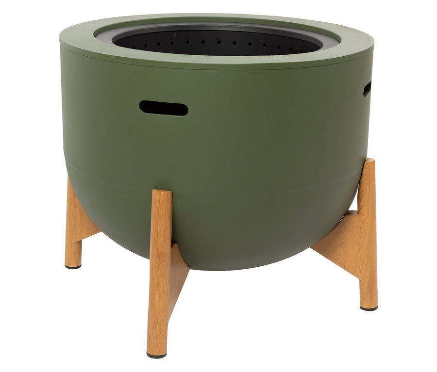 Grüne RedFire Feuerschale »Jubilee« mit raucharmer Verbrennung auf vier Holzbeinen.