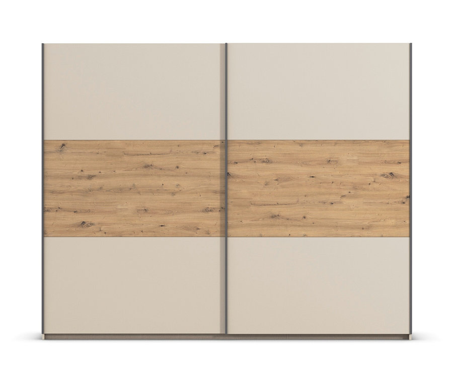 Schrank mit zwei Schiebetüren. Die Türen sind beige mit einem horizontalen Holzstreifen in der Mitte.