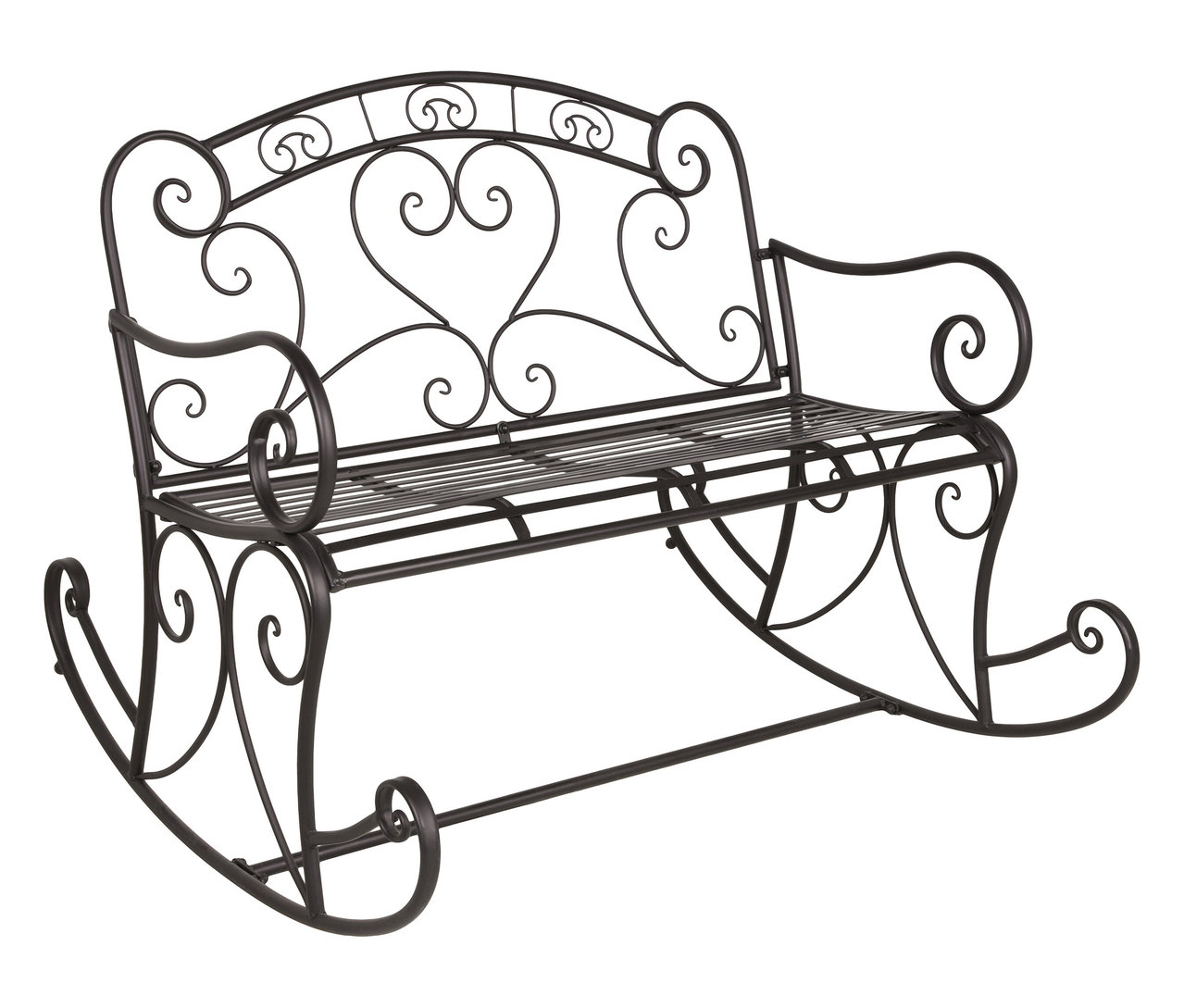 Schwarze Schaukelbank aus Metall mit Herz- und Schnörkeldesign.