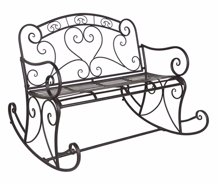 Schwarze Schaukelbank aus Metall mit Herz- und Schnörkeldesign.