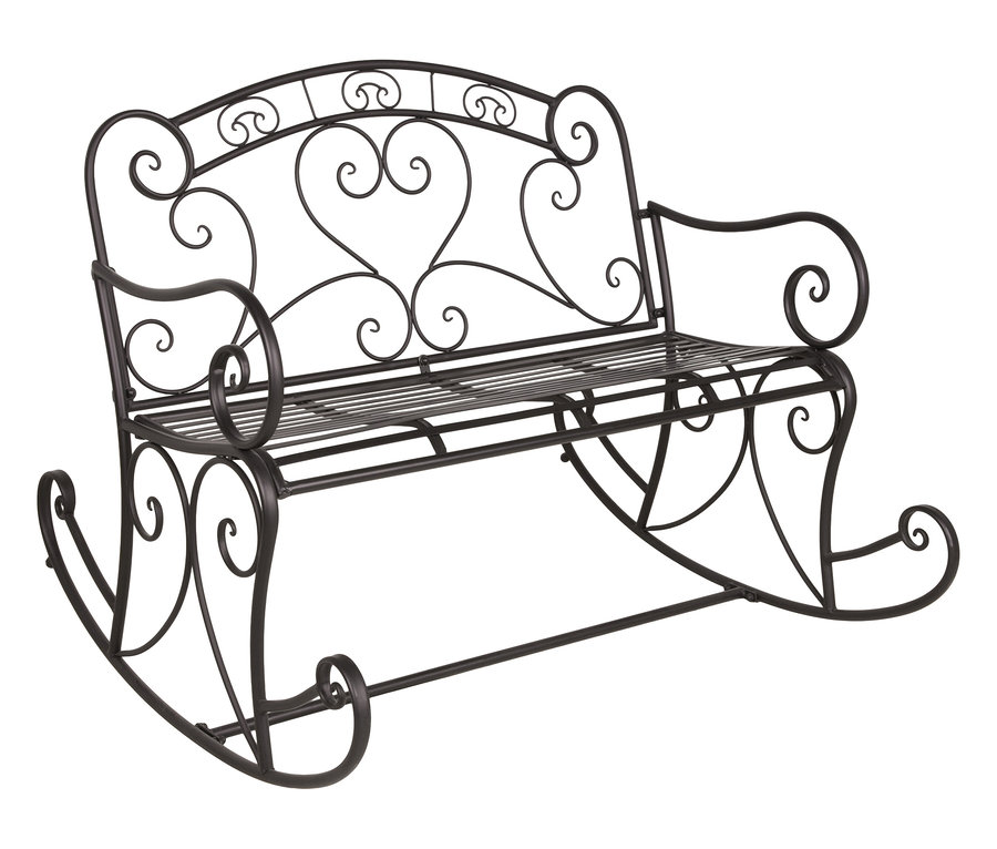 Schwarze Schaukelbank aus Metall mit Herz- und Schnörkeldesign.