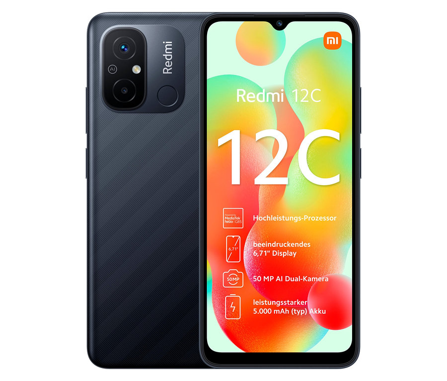 Ein graues Xiaomi Redmi 12C 64GB Smartphone ist vor einem weißen Hintergrund zu sehen.