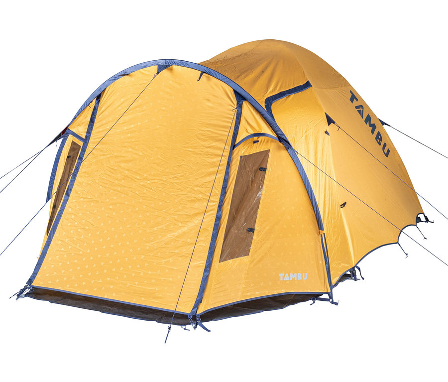 Gelbes Tambu »SETU 4« 4 Personen-Kuppelzelt mit blauen Akzenten.