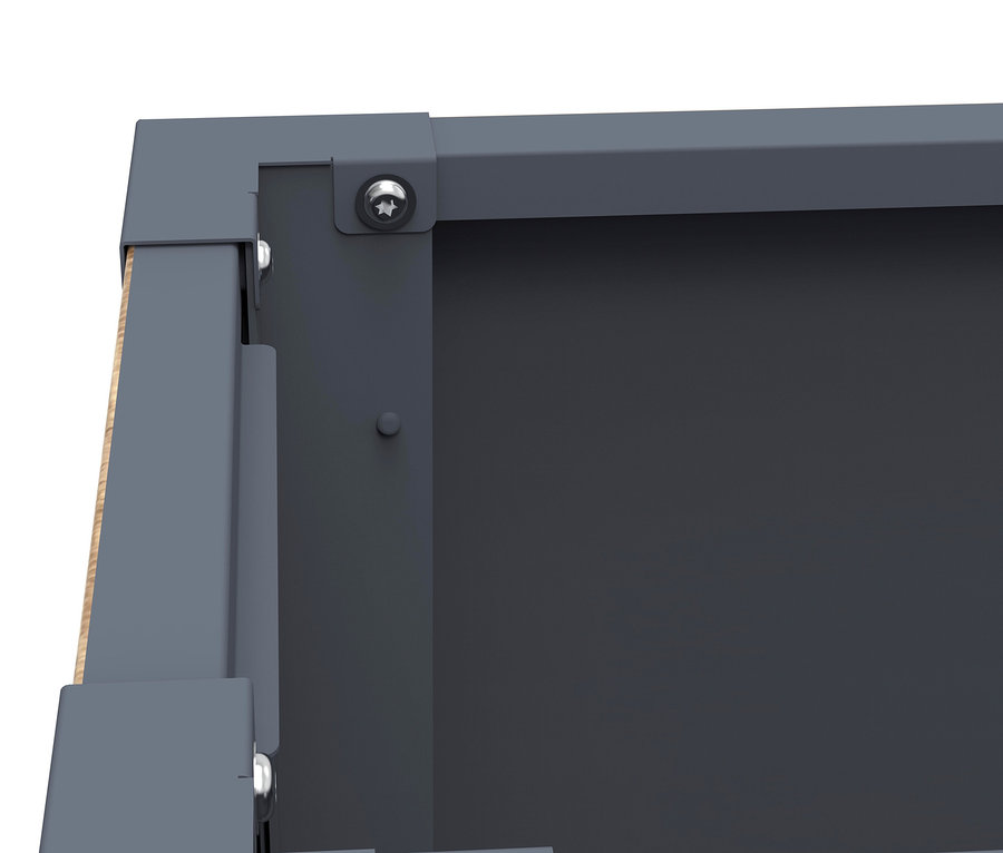 Detailansicht eines grauen Pflanzkastens mit Holzelementen und einer Höhe von ca. 77cm.