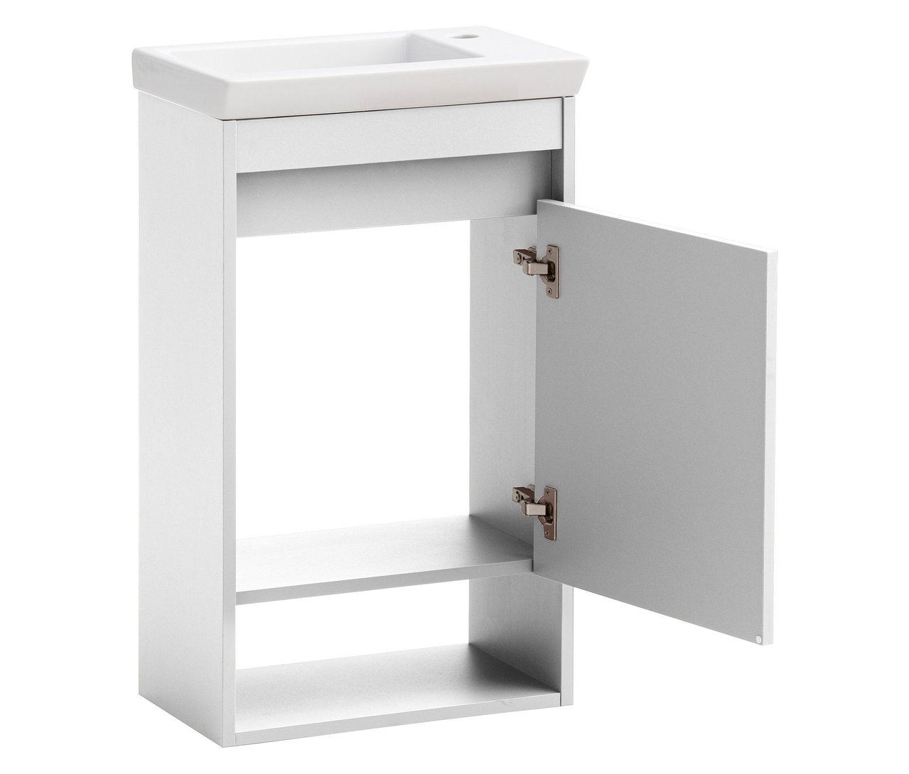 Weißer Waschtisch mit offen stehender Tür und eingelassenem Waschbecken.