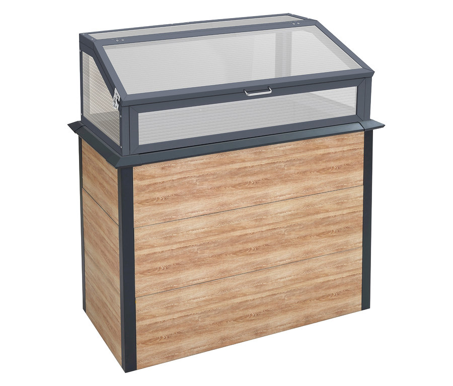 Ein Hochbeet Schneckenschutz mit Frühbeetaufsatz in Holzoptik.