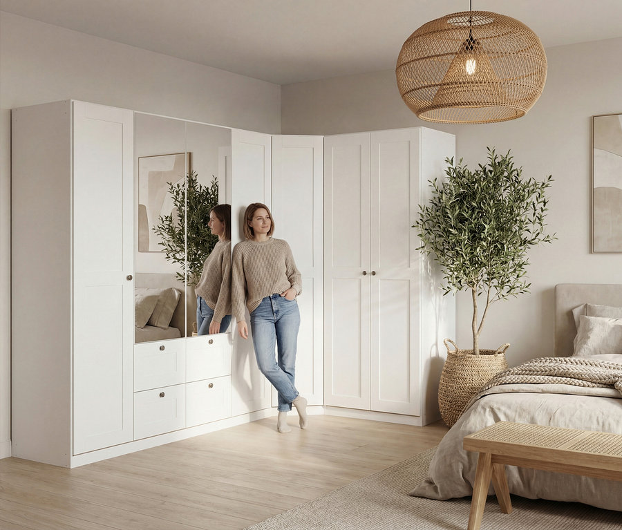Frau lehnt an weißem Eckkleiderschrank mit Spiegeltüren im Schlafzimmer. Über dem Bett hängt eine Rattanlampe.