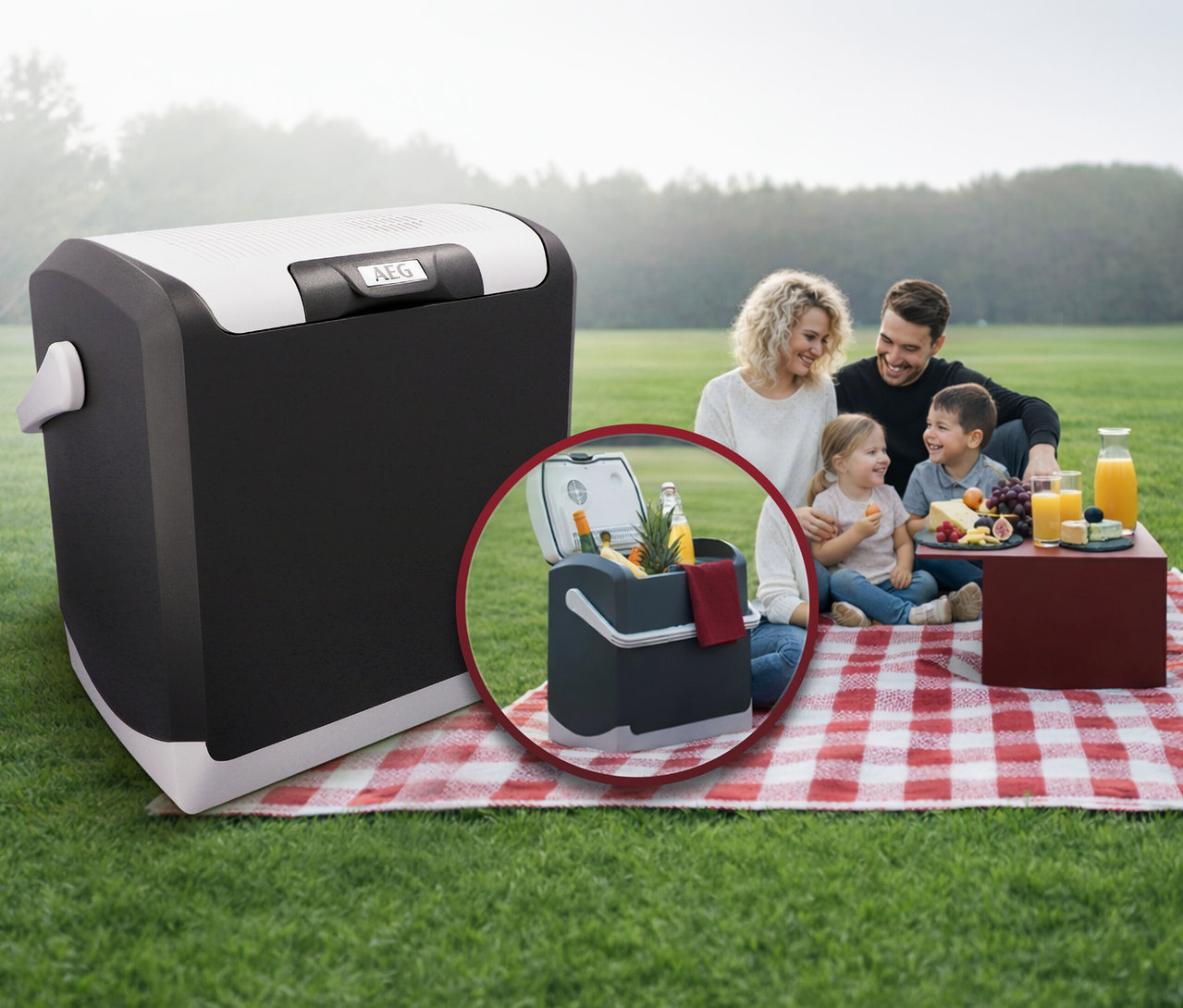 Eine schwarz-weiße AEG Kühlbox »KK 20« steht auf einer Picknickdecke. Im Hintergrund picknickt eine Familie, daneben ein Einsatz der Kühlbox mit Getränken und Obst.