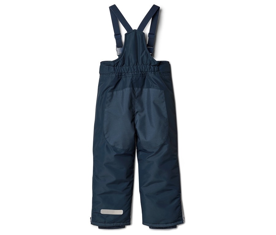 Dunkelblaue Kinder-Skihose mit Trägern, von hinten fotografiert.