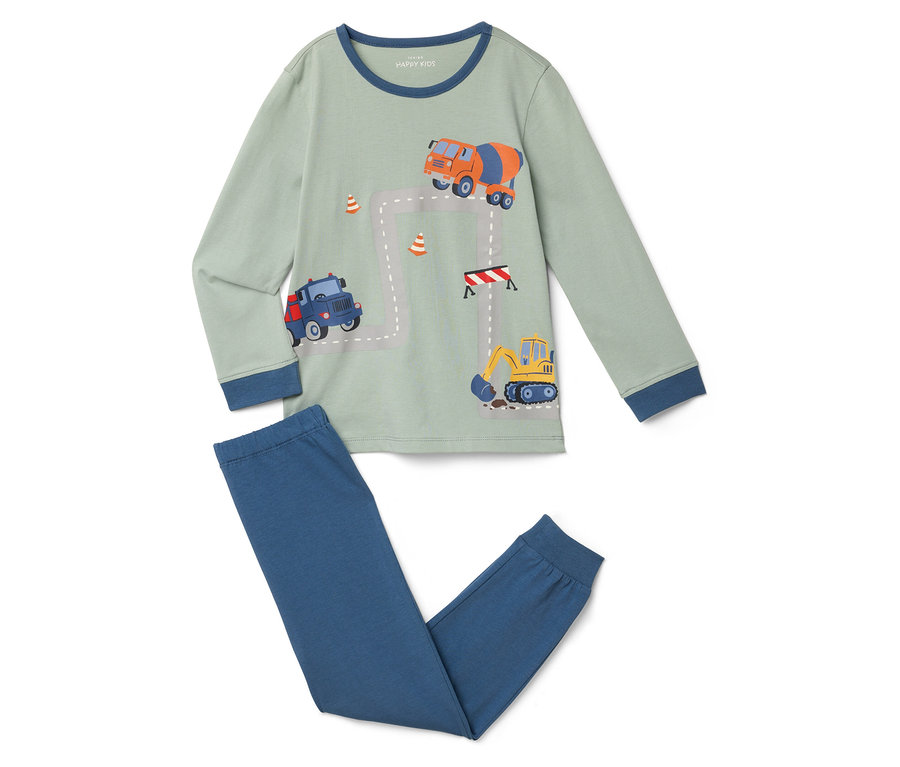Ein mintgrüner Schlafanzug mit blauen Bündchen und einem Aufdruck von Baufahrzeugen und einer Straße.